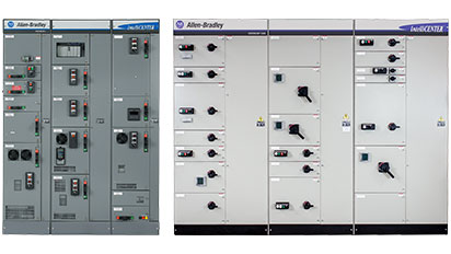 Two Allen-Bradley low-voltage motor control center lineups with metering, disconnects, and starter units