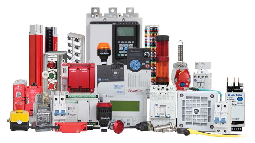Allen-Bradley automation and control components including safety relays, PowerFlex drives, stack lights, contactors, and circuit breakers