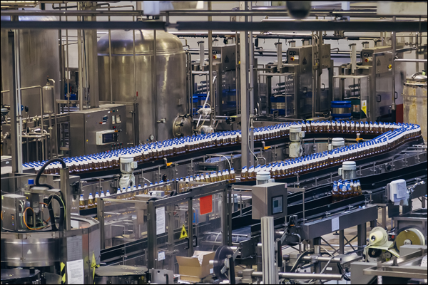 Bottles moving along a conveyor through a beverage bottling and packaging line in a production plant