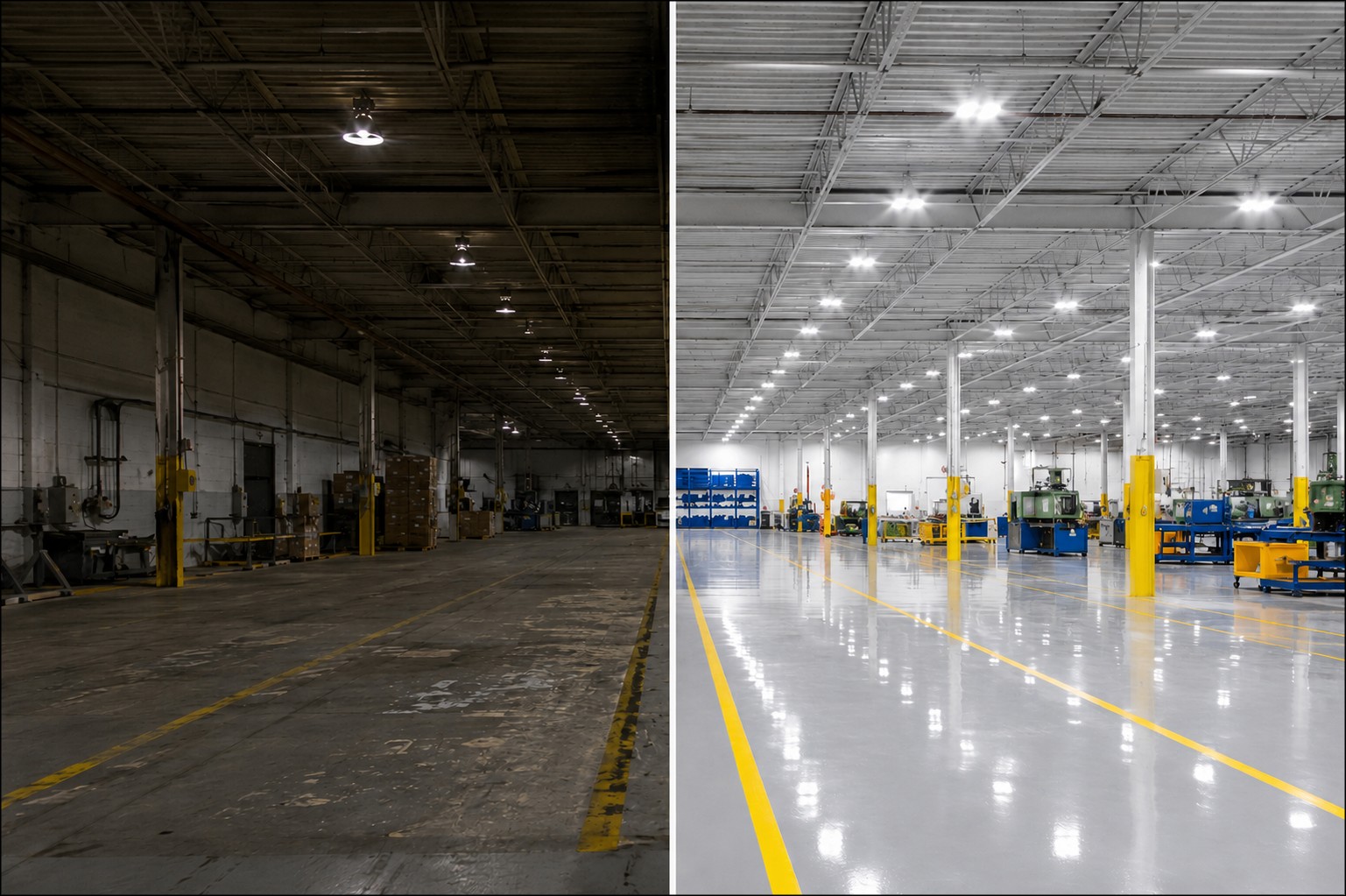 Before and after comparison of an LED high bay lighting retrofit in a Pennsylvania warehouse