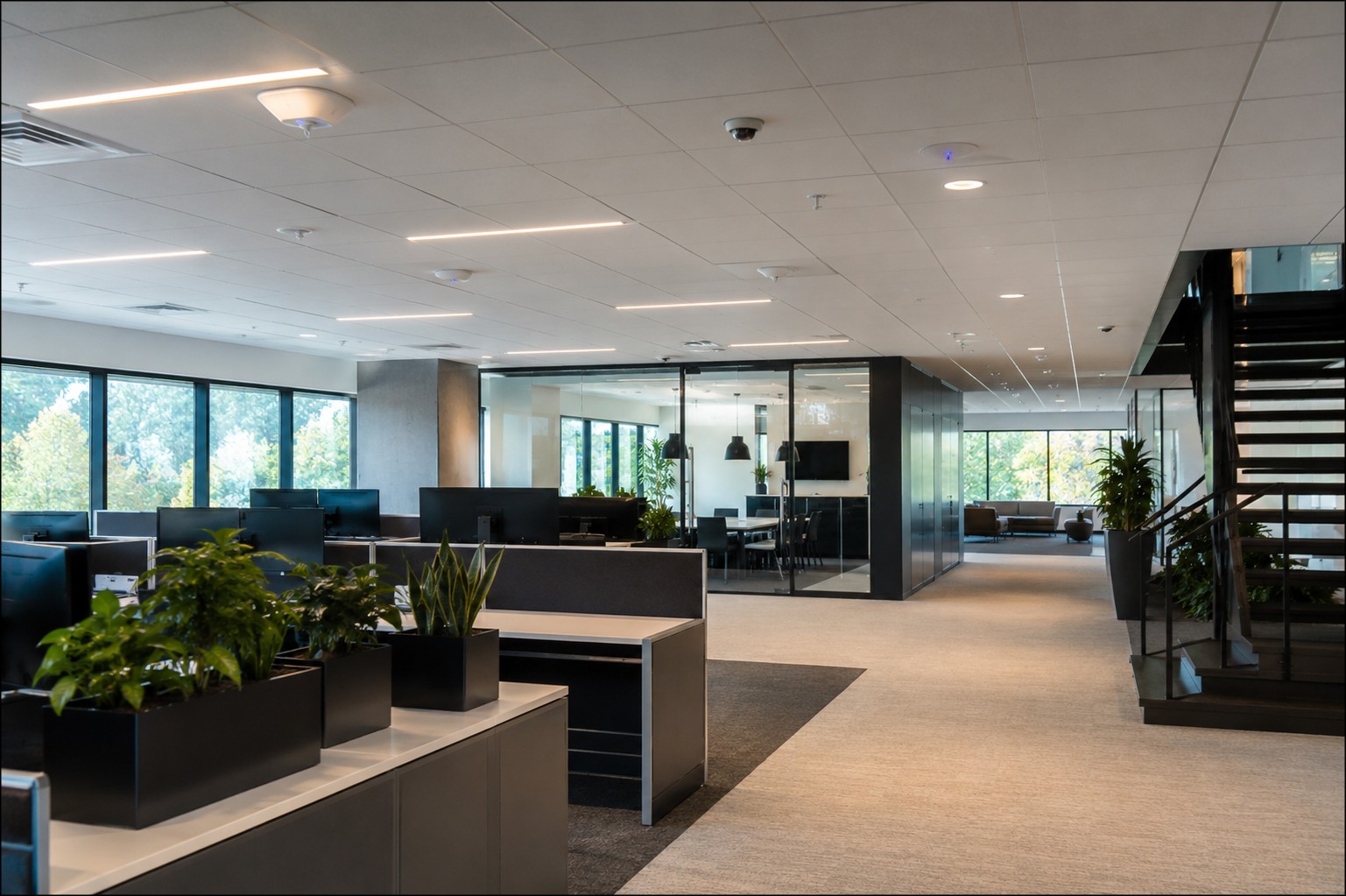 Connected LED lighting with integrated sensors in a modern commercial building interior