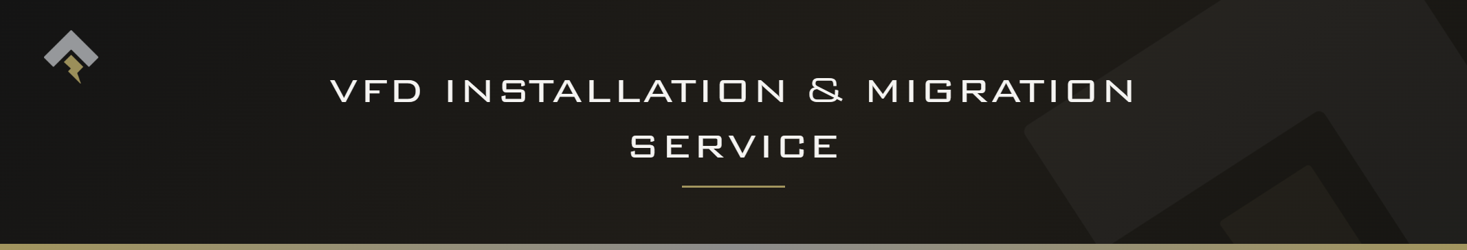 Fromm page header banner for "VFD Installation & Migration Service" featuring the Fromm chevron and lightning bolt mark on a dark charcoal background with a subtle gold-gray diagonal accent.