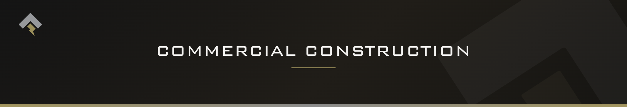 Fromm page header banner for "Commercial Construction" featuring the Fromm chevron and lightning bolt mark on a dark charcoal background with a subtle gold-gray diagonal accent.