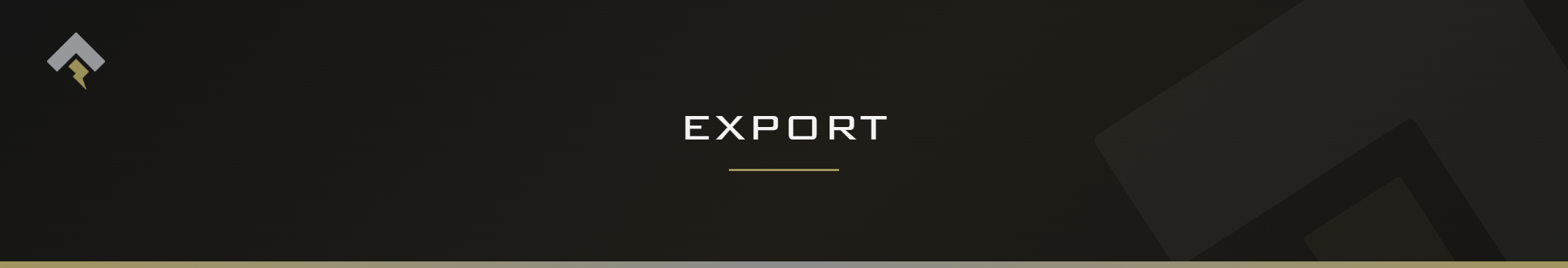 Fromm page header banner for "Export" featuring the Fromm chevron and lightning bolt mark on a dark charcoal background with a subtle gold-gray diagonal accent.