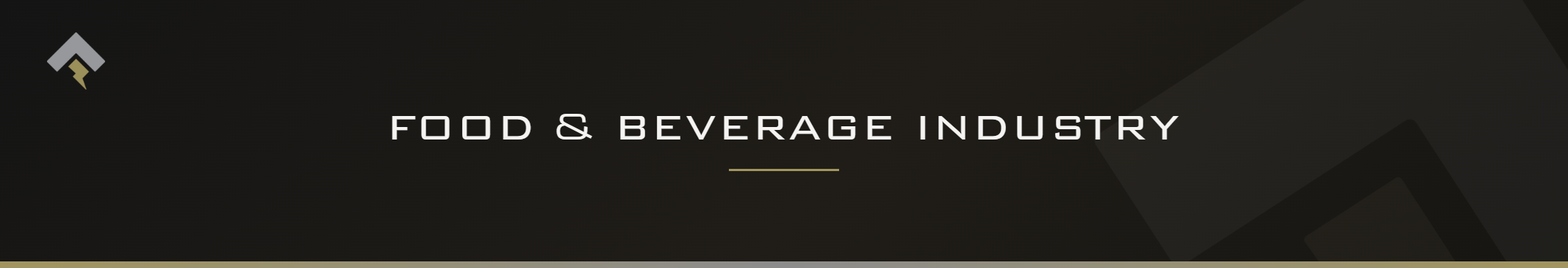 Fromm page header banner for "Food & Beverage Industry" featuring the Fromm chevron and lightning bolt mark on a dark charcoal background with a subtle gold-gray diagonal accent.