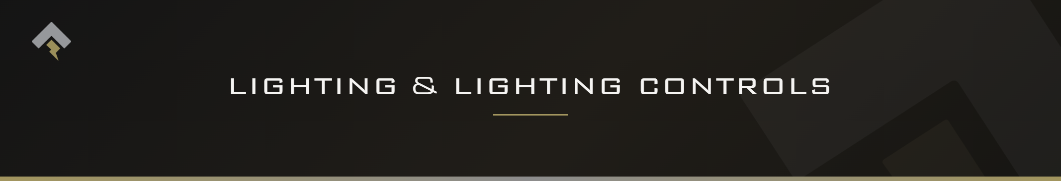 Fromm page header banner for "Lighting & Lighting Control banner" featuring the Fromm chevron and lightning bolt mark on a dark charcoal background with a subtle gold-gray diagonal accent.