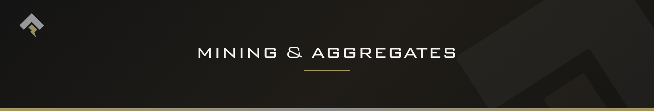Fromm page header banner for "Mining & Aggregates" featuring the Fromm chevron and lightning bolt mark on a dark charcoal background with a subtle gold-gray diagonal accent.