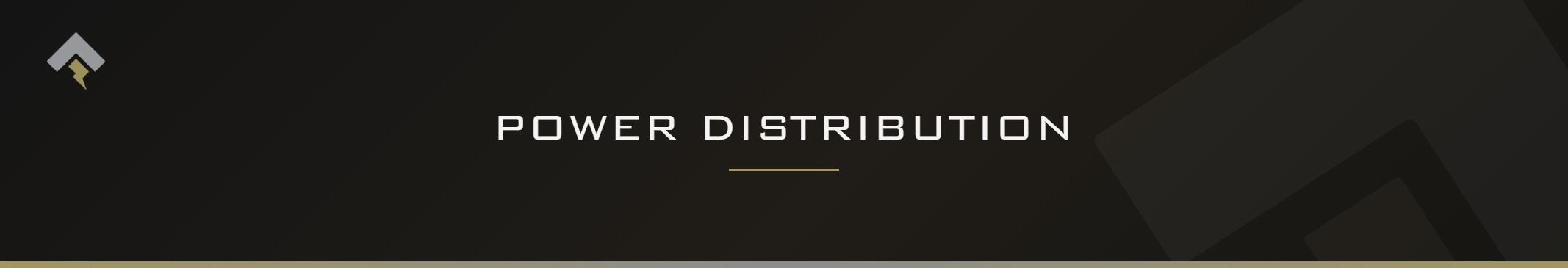 Fromm page header banner for "Power Distribution" featuring the Fromm chevron and lightning bolt mark on a dark charcoal background with a subtle gold-gray diagonal accent.