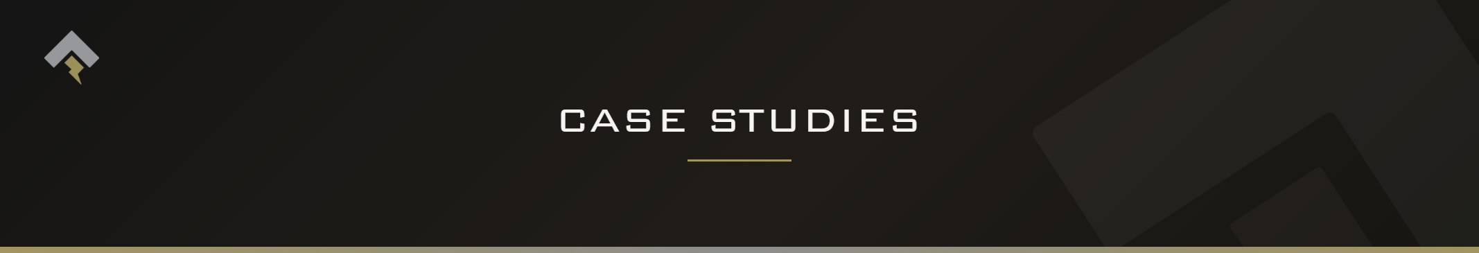 Fromm page header banner for "Case Studies" featuring the Fromm chevron and lightning bolt mark on a dark charcoal background with a subtle gold-gray diagonal accent.