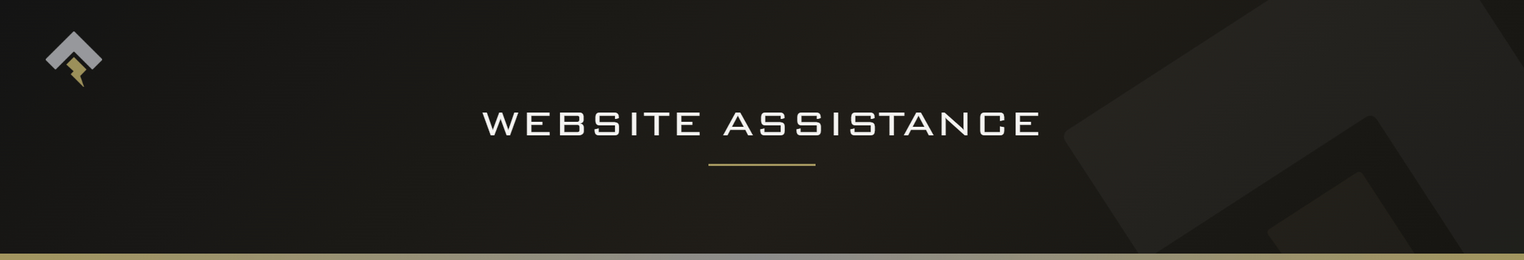Fromm page header banner for "Website Assistance" featuring the Fromm chevron and lightning bolt mark on a dark charcoal background with a subtle gold-gray diagonal accent.