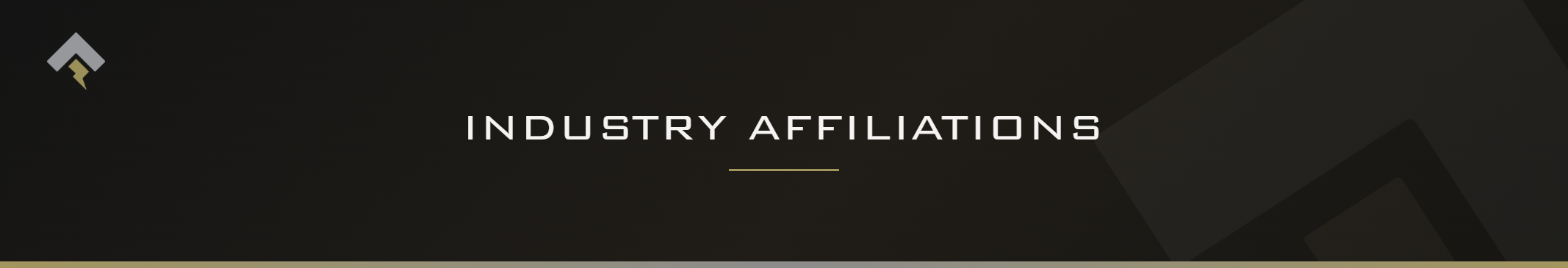 Fromm page header banner for "Industry Affiliations" featuring the Fromm chevron and lightning bolt mark on a dark charcoal background with a subtle gold-gray diagonal accent.