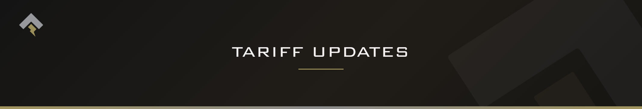 Fromm page header banner for "Tariff Updates" featuring the Fromm chevron and lightning bolt mark on a dark charcoal background with a subtle gold-gray diagonal accent.