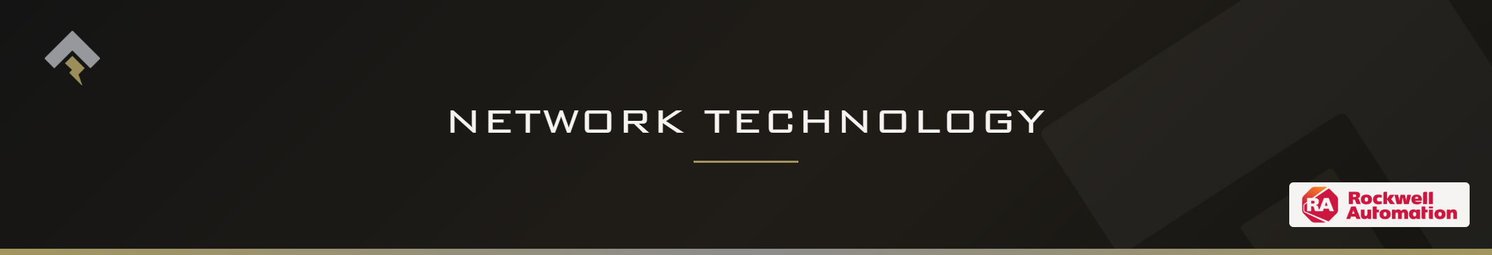 Fromm page header banner for "Network Technology" featuring the Rockwell Automation logo on a dark charcoal background with a subtle gold-gray diagonal accent.