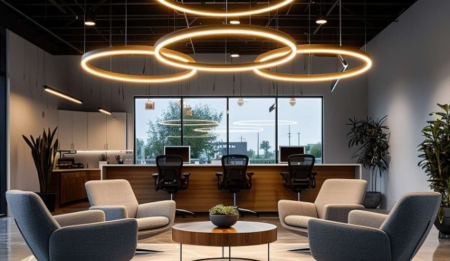 A hotel seating area designed by the Fromm lighting design team