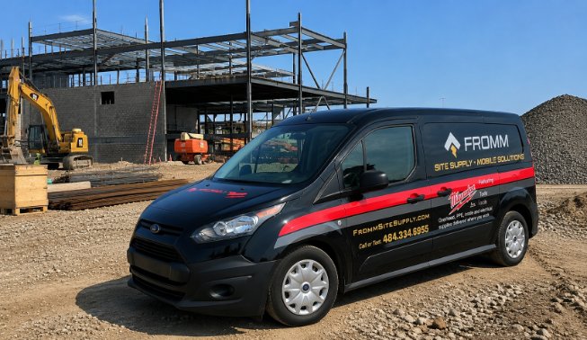 A Fromm site supply van sitting on a construction site