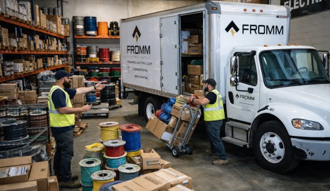 A Fromm truck driver unloading products at a customer warehouse