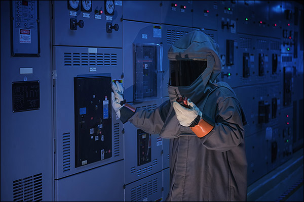 Electrician in arc-rated PPE and hooded face shield operating a switchgear disconnect in an electrical room