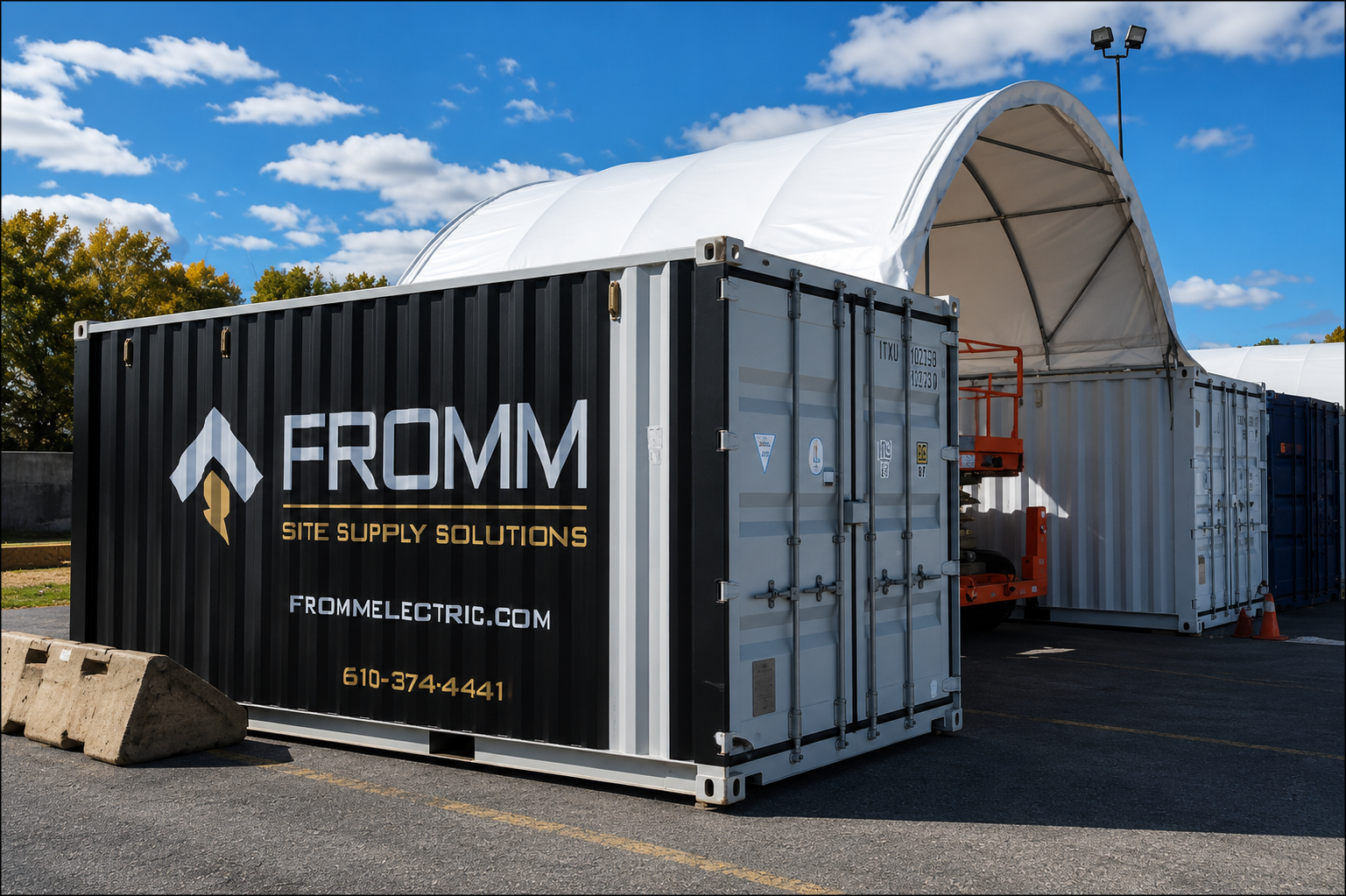 Fromm Site Supply Solutions shipping container with canopy providing secure construction site storage.