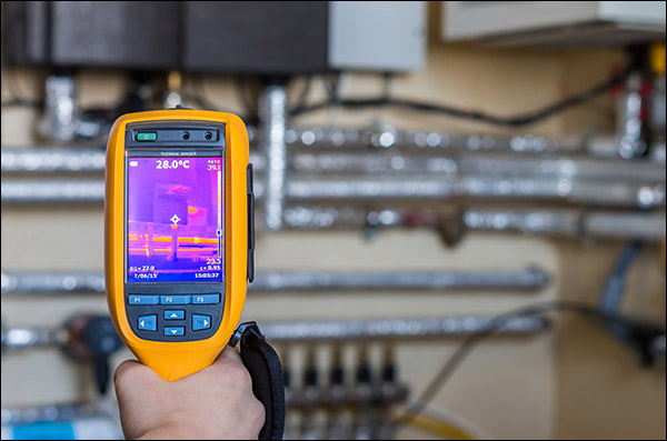 Handheld thermal imaging camera showing a heat signature reading during an infrared scan of electrical conduit and wiring