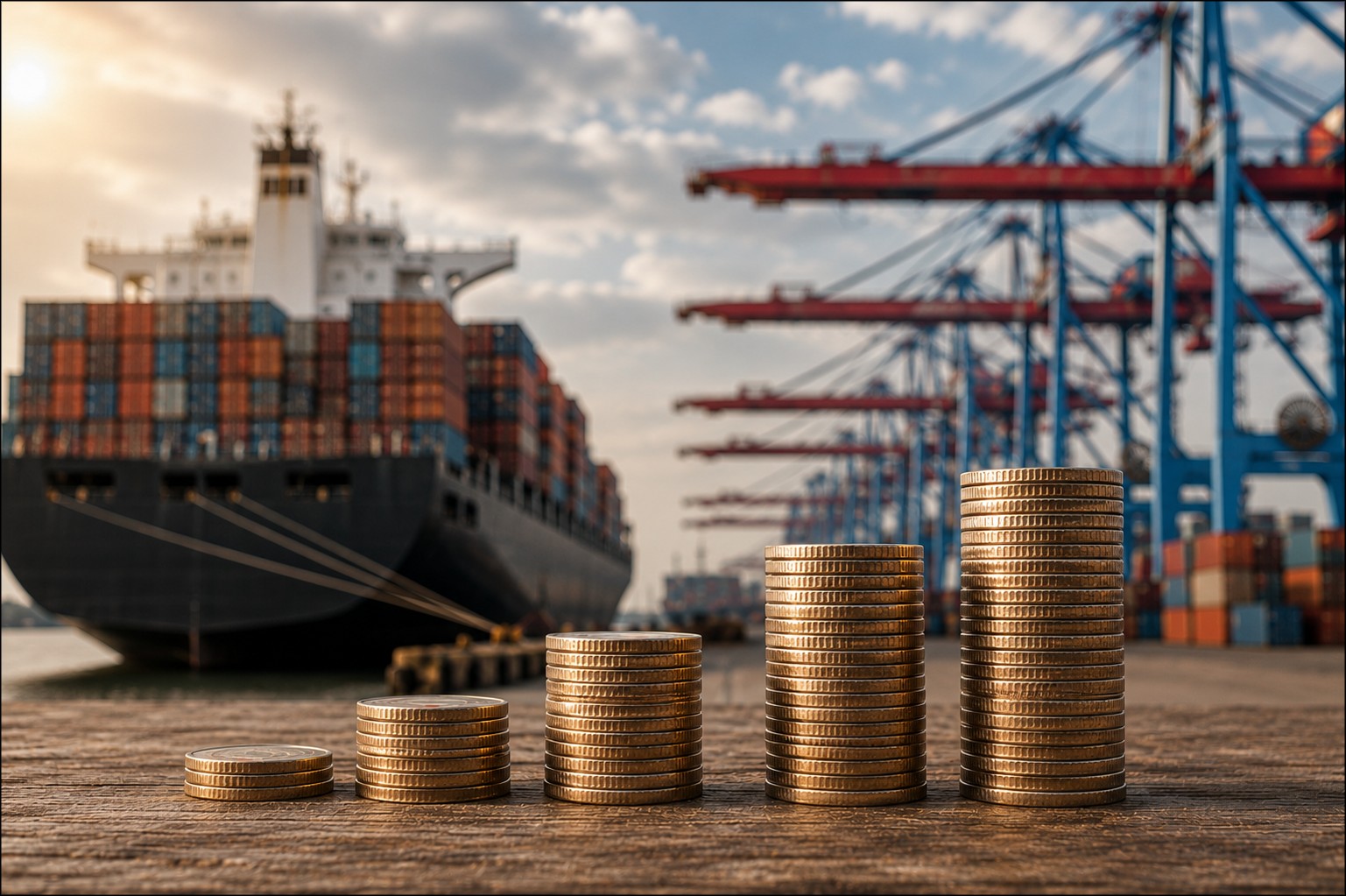 Stacks of coins rising in front of a container ship and port cranes, representing rising import costs